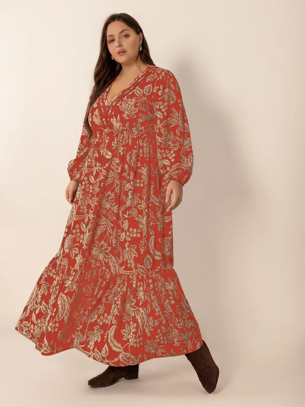 Plus Size Lace Detail Printed Balloon Sleeve Midi Dress, image 6