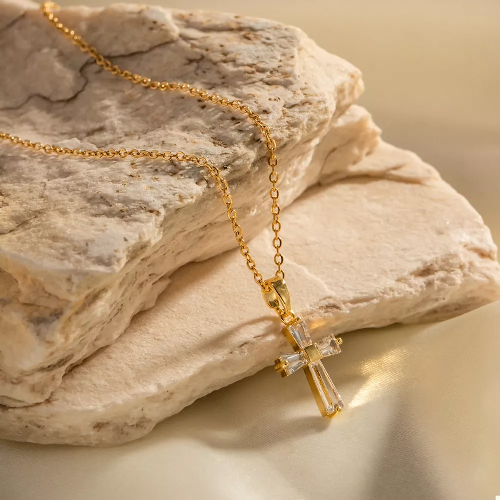 18K Gold-Plated Stainless Steel Zircon Cross Necklace, image 8