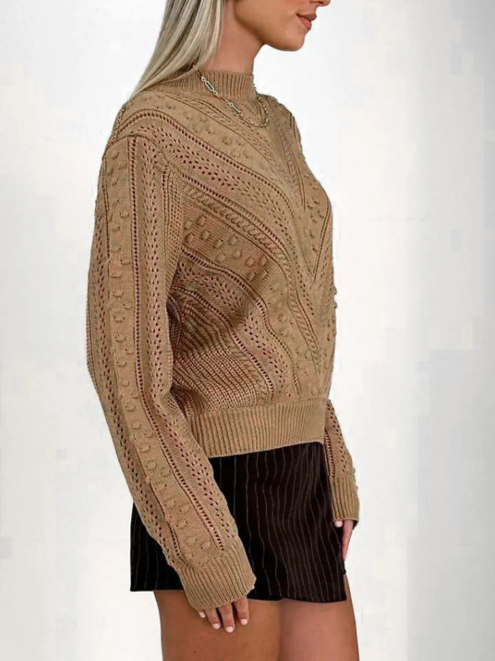 Openwork Round Neck Long Sleeve Sweater, image 6