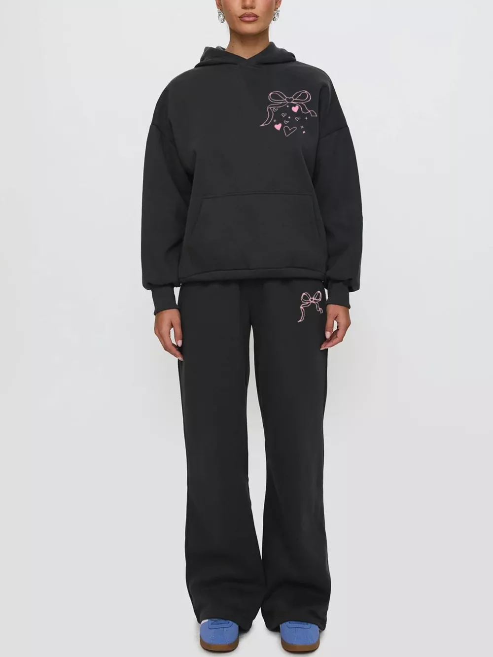 Bow and Heart Dropped Shoulder Hoodie and Pants Set, image 2