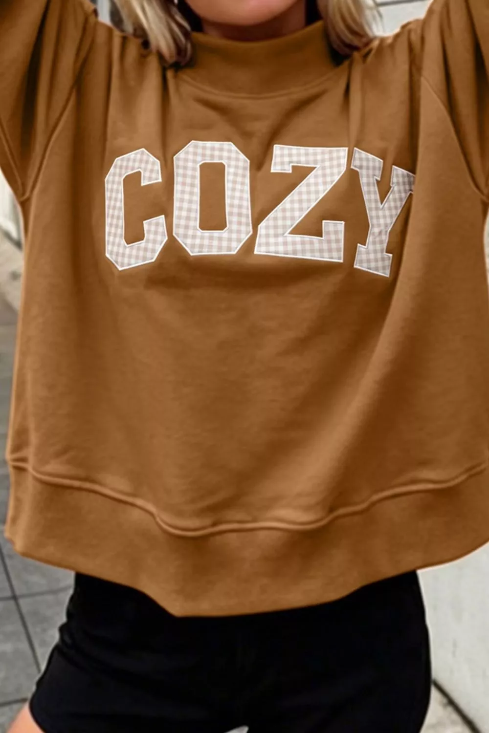 Gingham Letter Mock Neck Sweatshirt, image 5