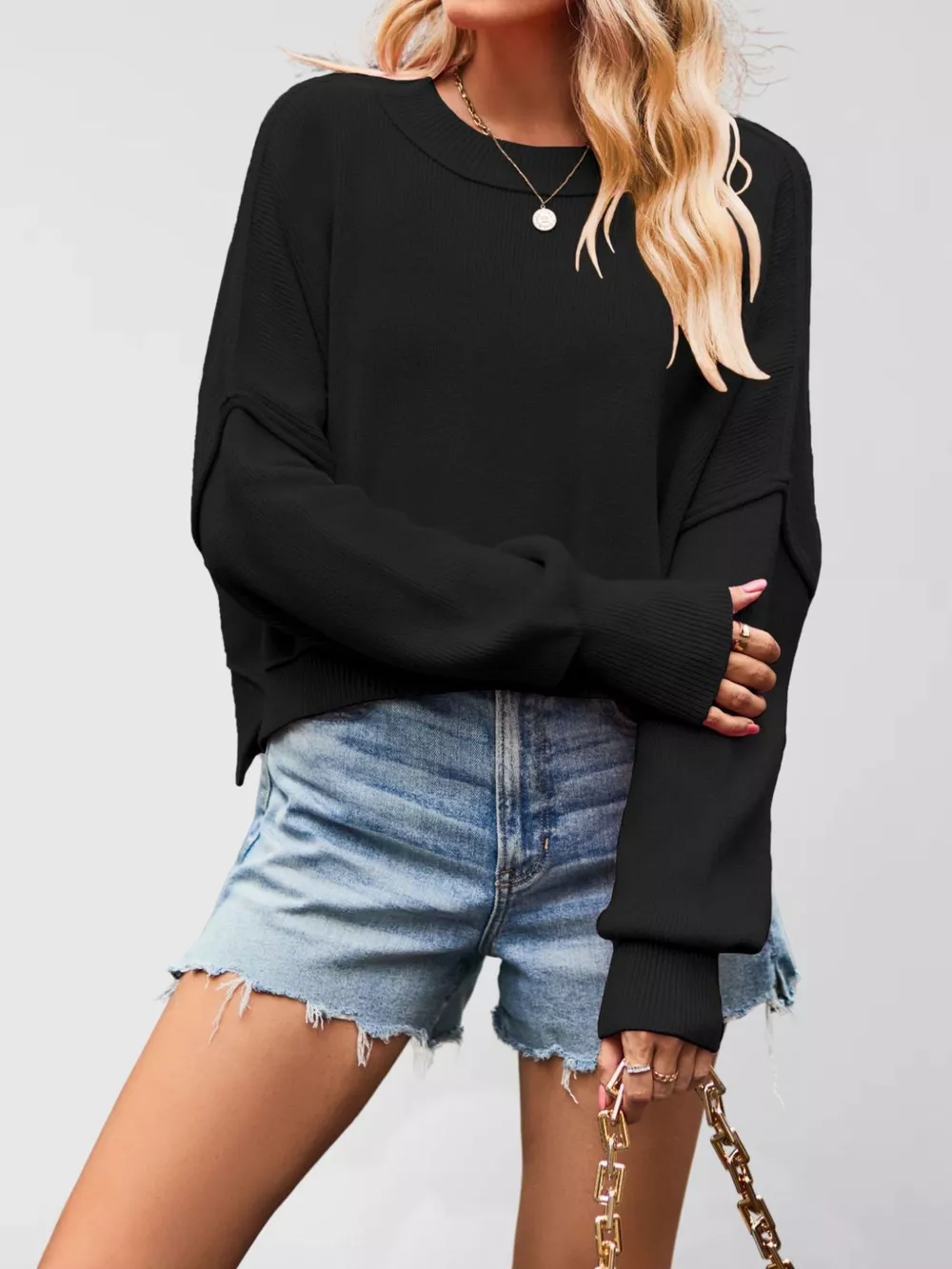Crew Neck Dropped Shoulder Sweater, image 6