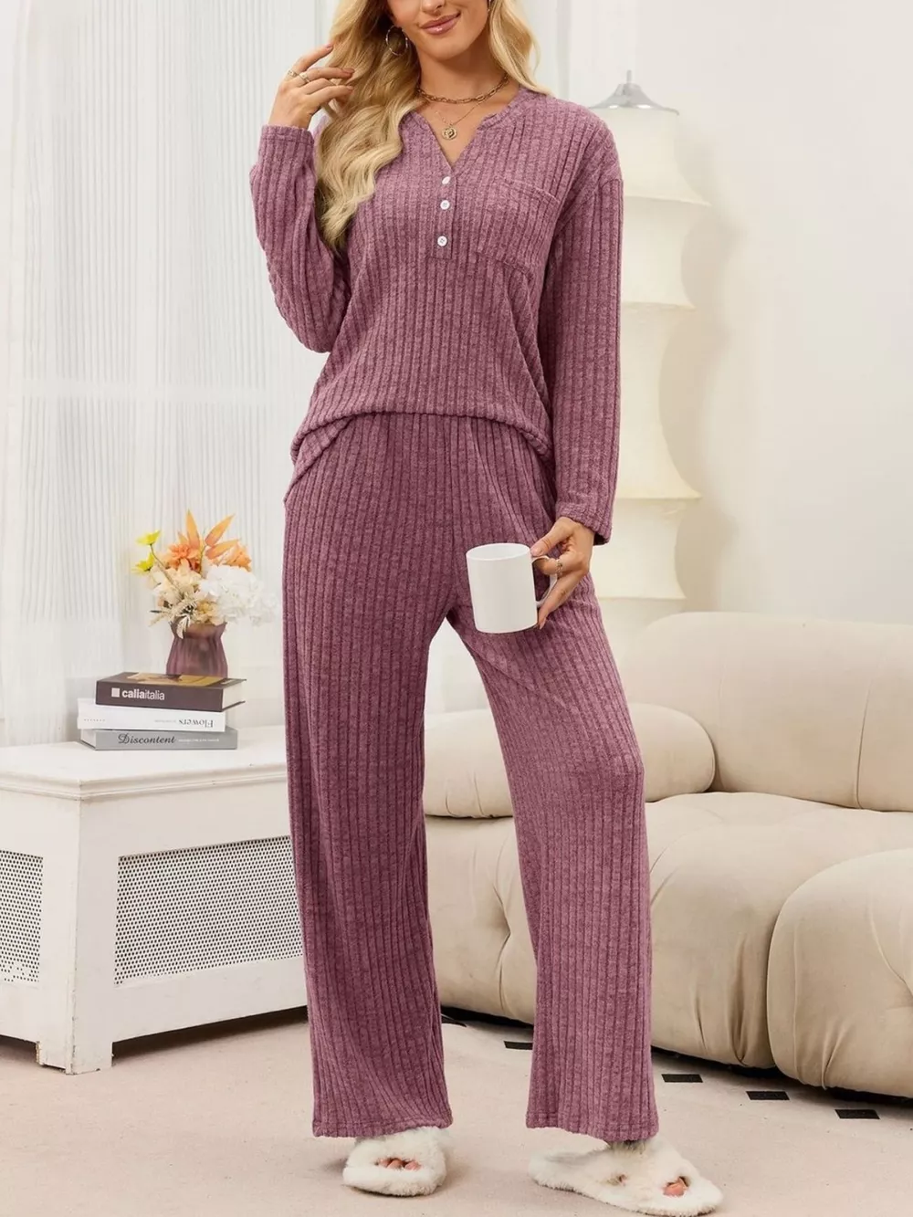 Ribbed Knit Top and Wide-Leg Pants Set, image 19