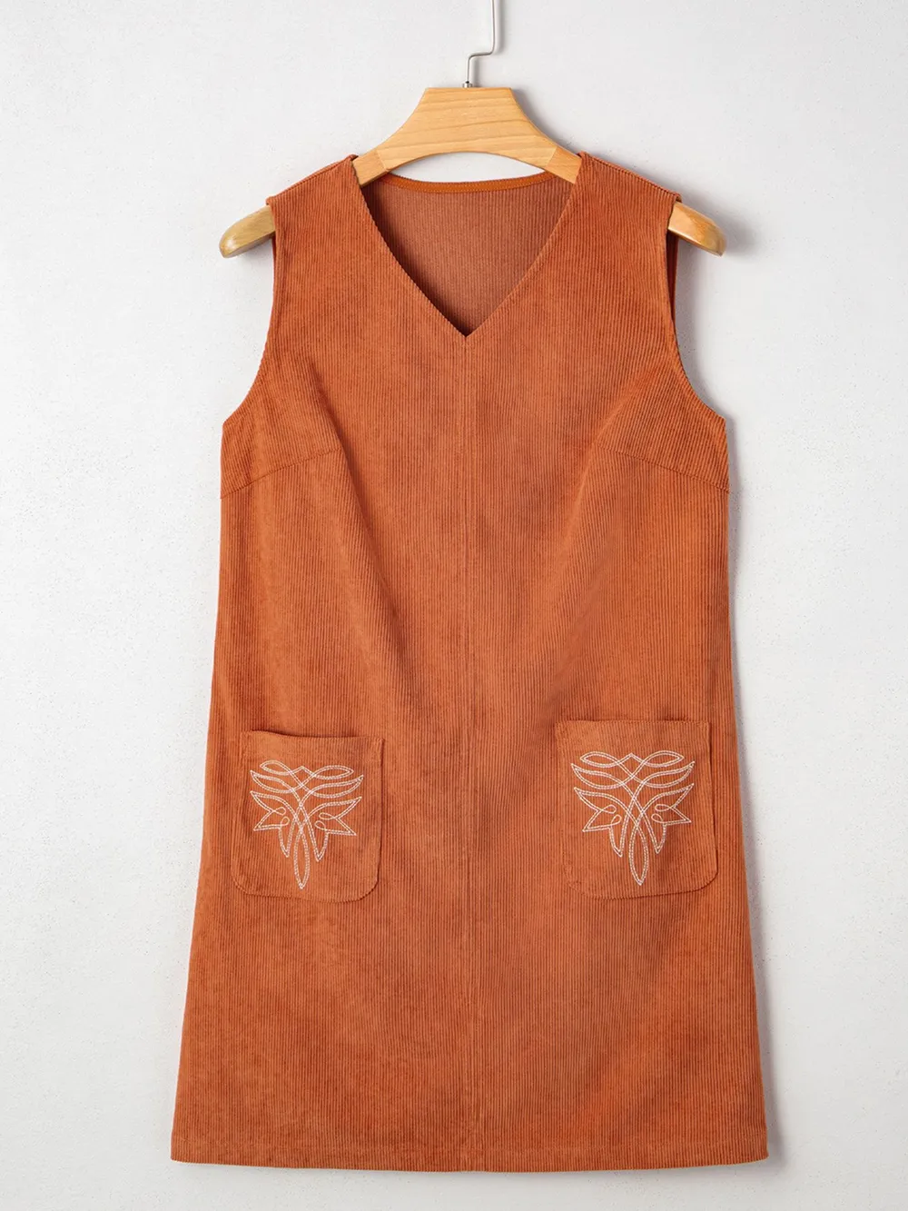 Corduroy Western Embroidered Patched Pocket Shift Sleeveless Mini Dress, image 4
