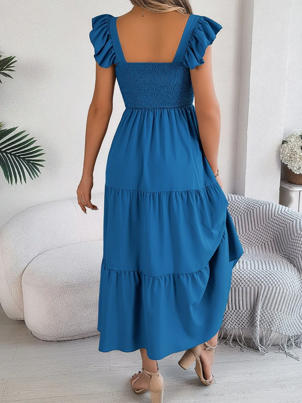 Smocked Square Neck Cap Sleeve Midi Dress, image 24