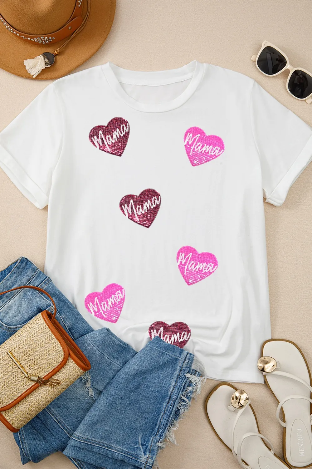 MAMA Heart Shape Sequin Patched Crew Neck T Shirt, image 5