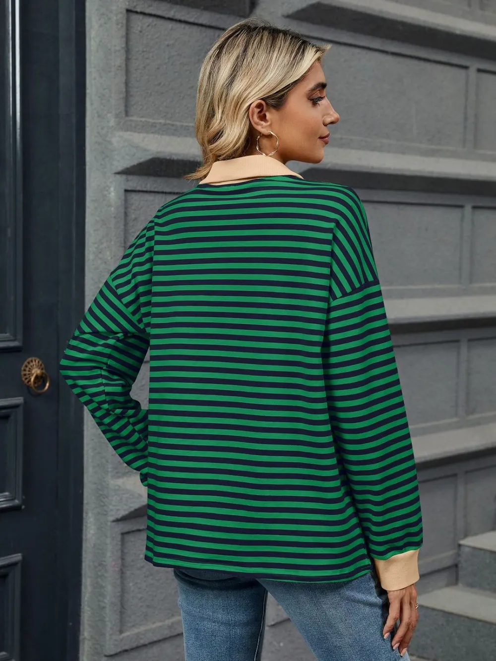 Striped Johnny Collar Long Sleeve Sweatshirt, image 14