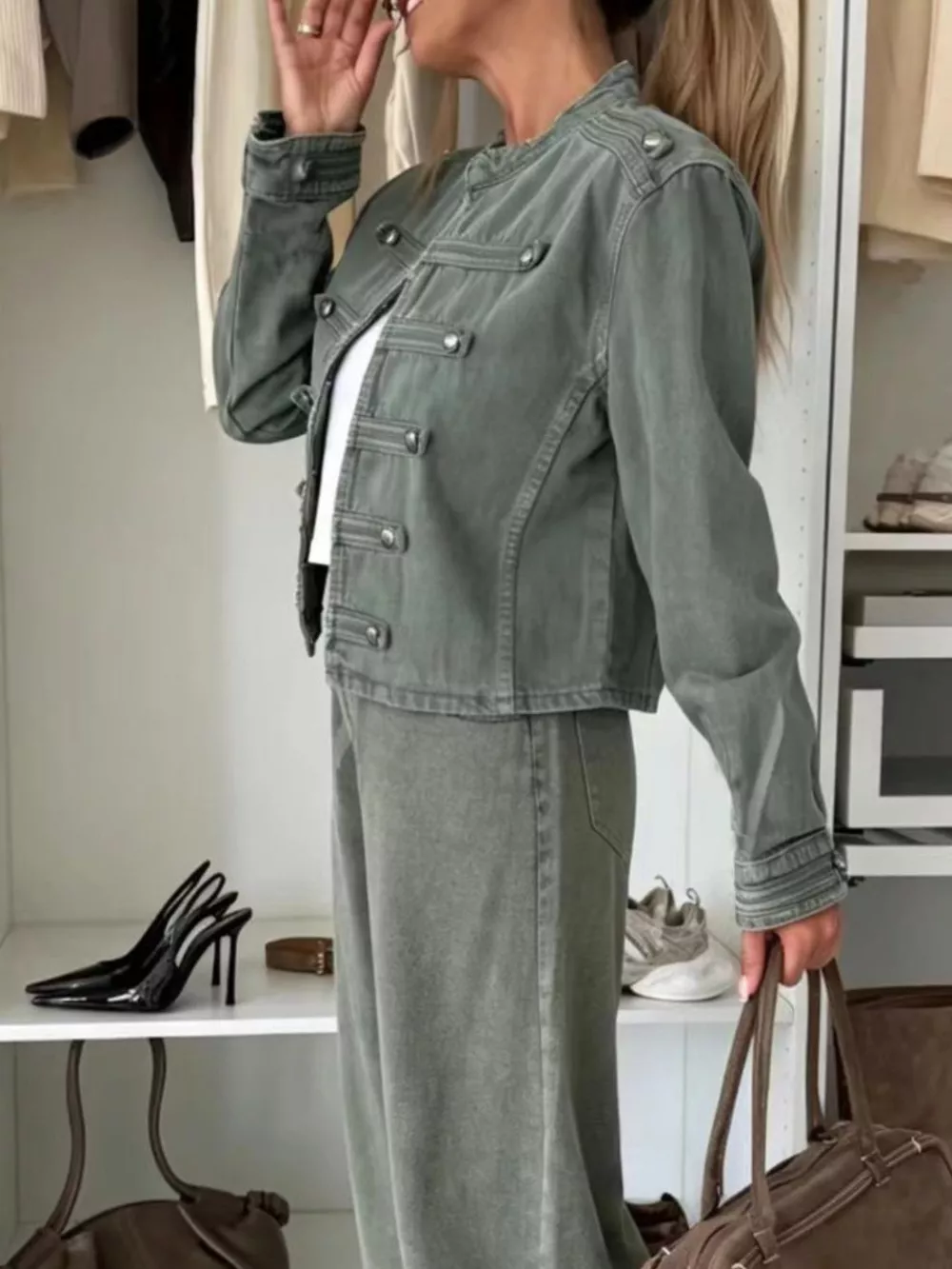 Decorative Button Cropped Denim Jacket, image 3