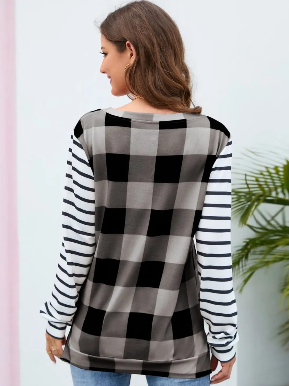 Plaid Striped Round Neck Long Sleeve T-Shirt, image 13