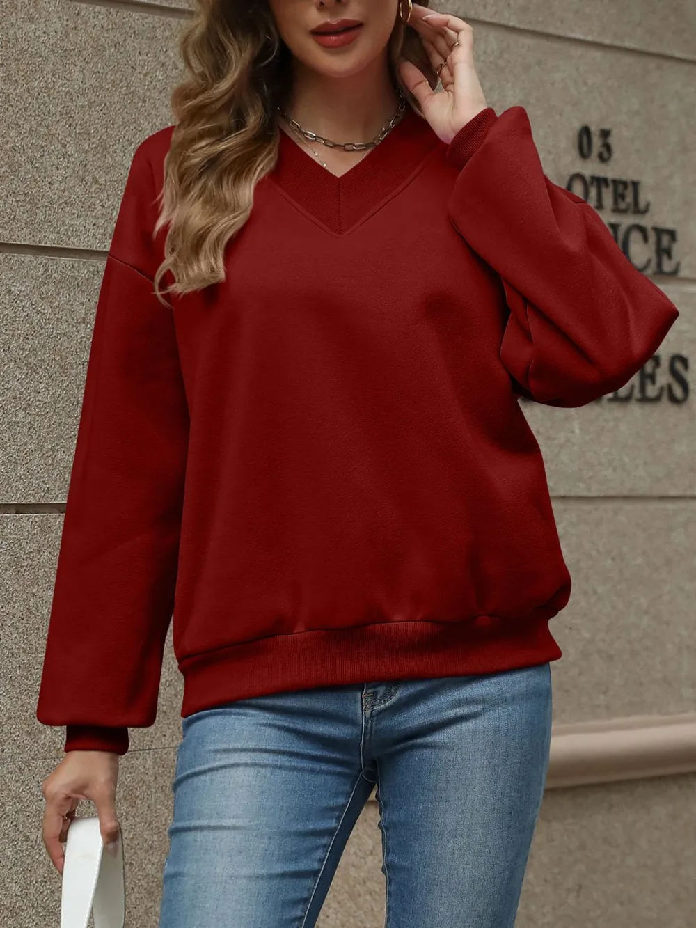V-Neck Long Sleeve Dropped Shoulder Sweatshirt, image 19