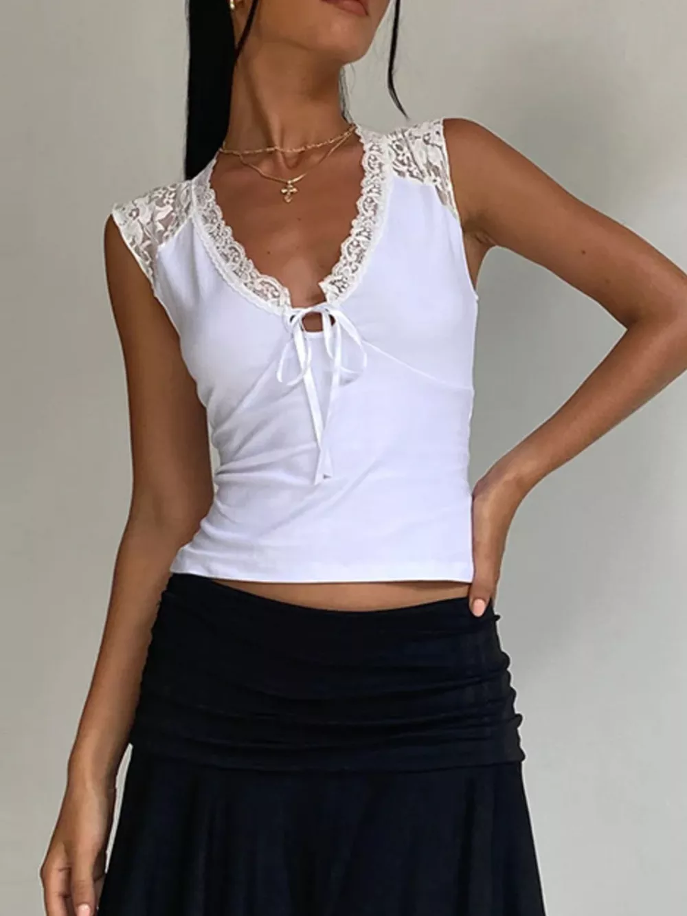 Lace Trim V-Neck Sleeveless Tank Top with Front Tie, image 5
