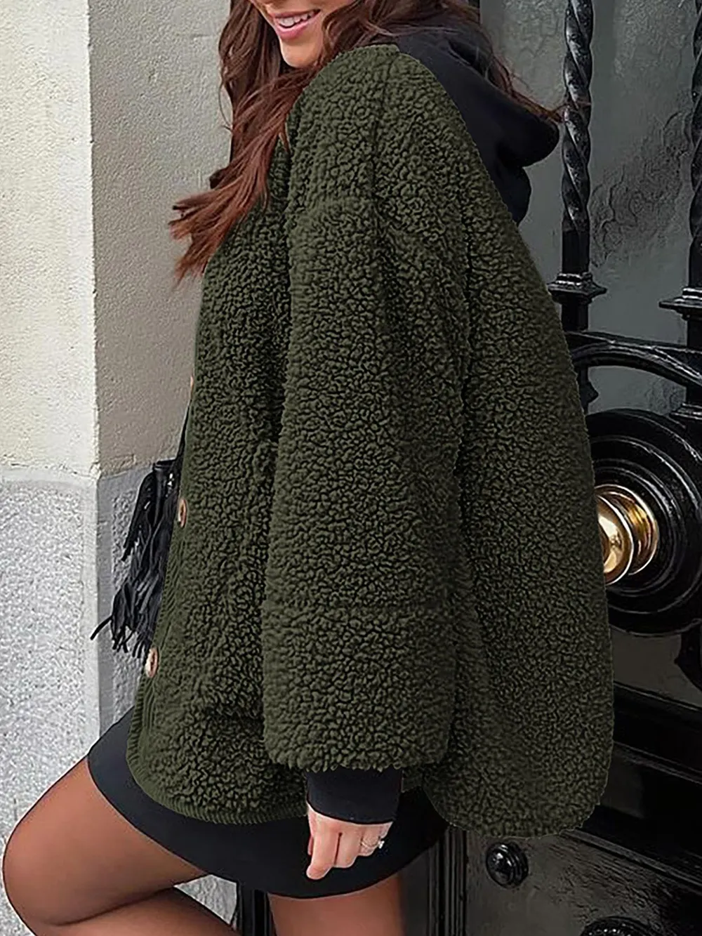 Contrast Button Up Sherpa Jacket with Pockets, image 7