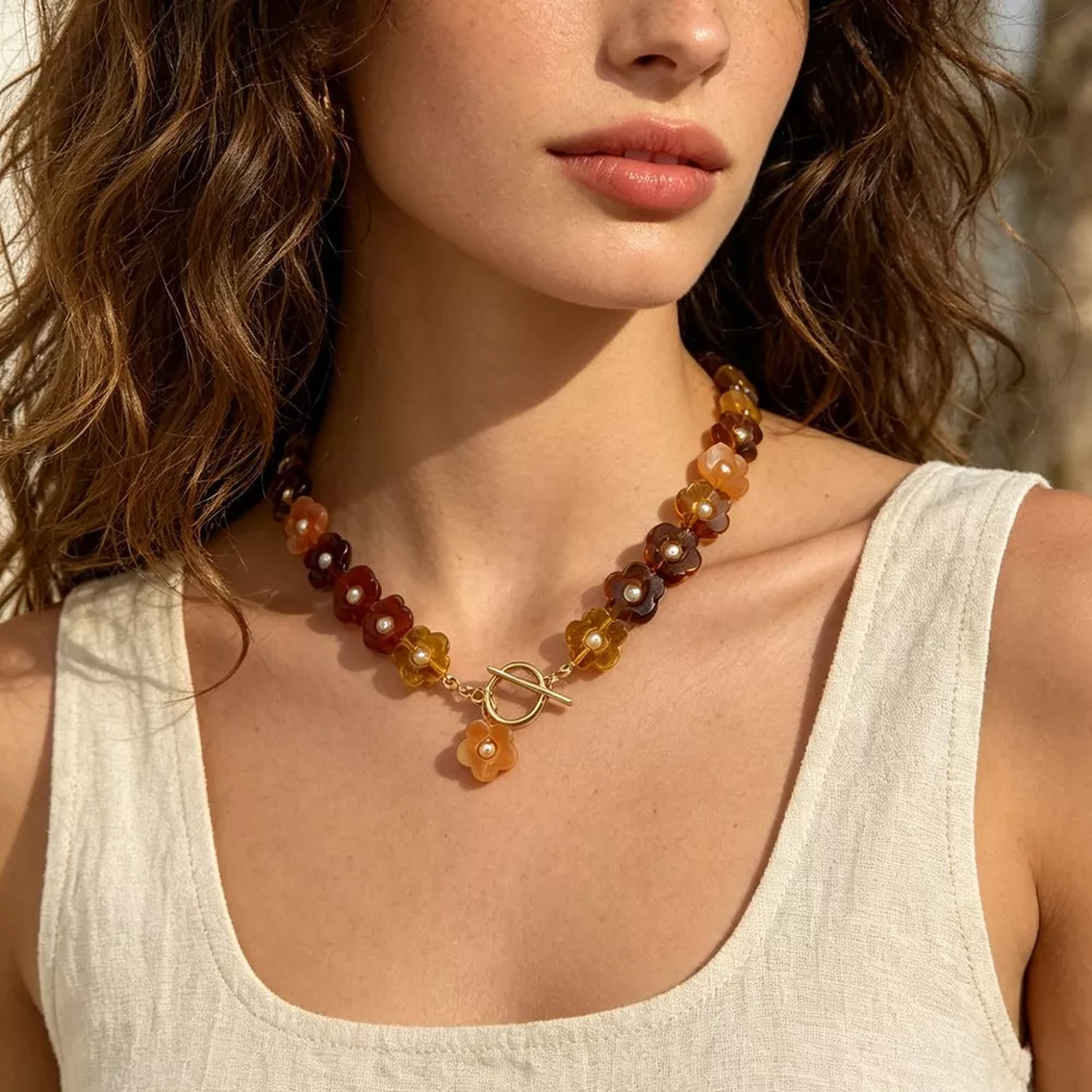 Retro Resin Flower Charm Necklace, image 7