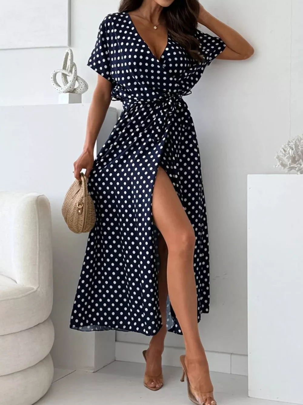 Polka Dot Surplice Maxi Dress with Slit, image 11