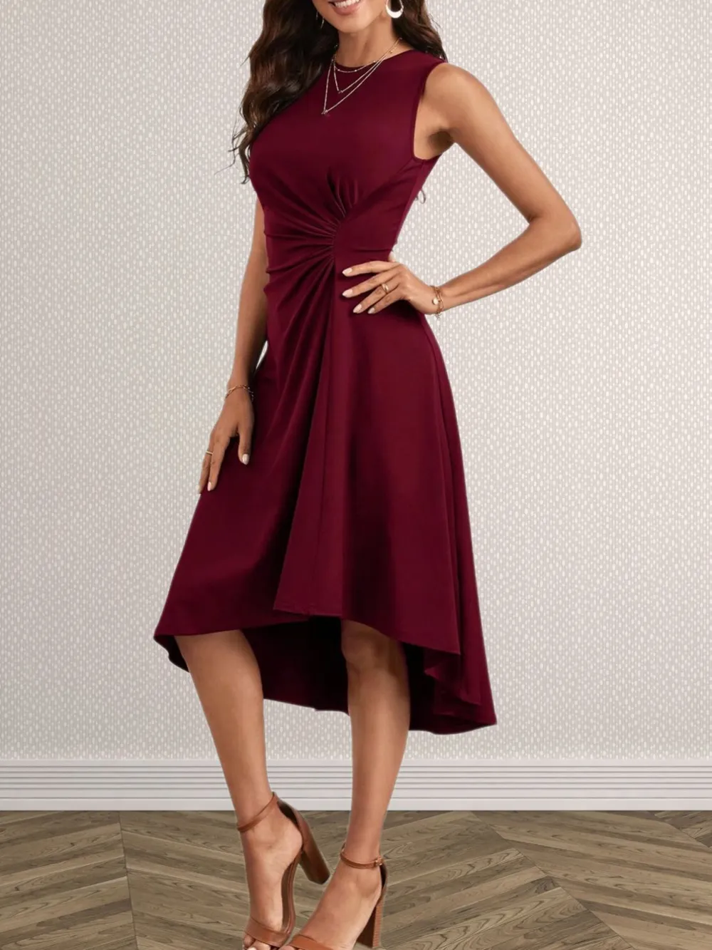 Ruched Round Neck Sleeveless Dress, image 13