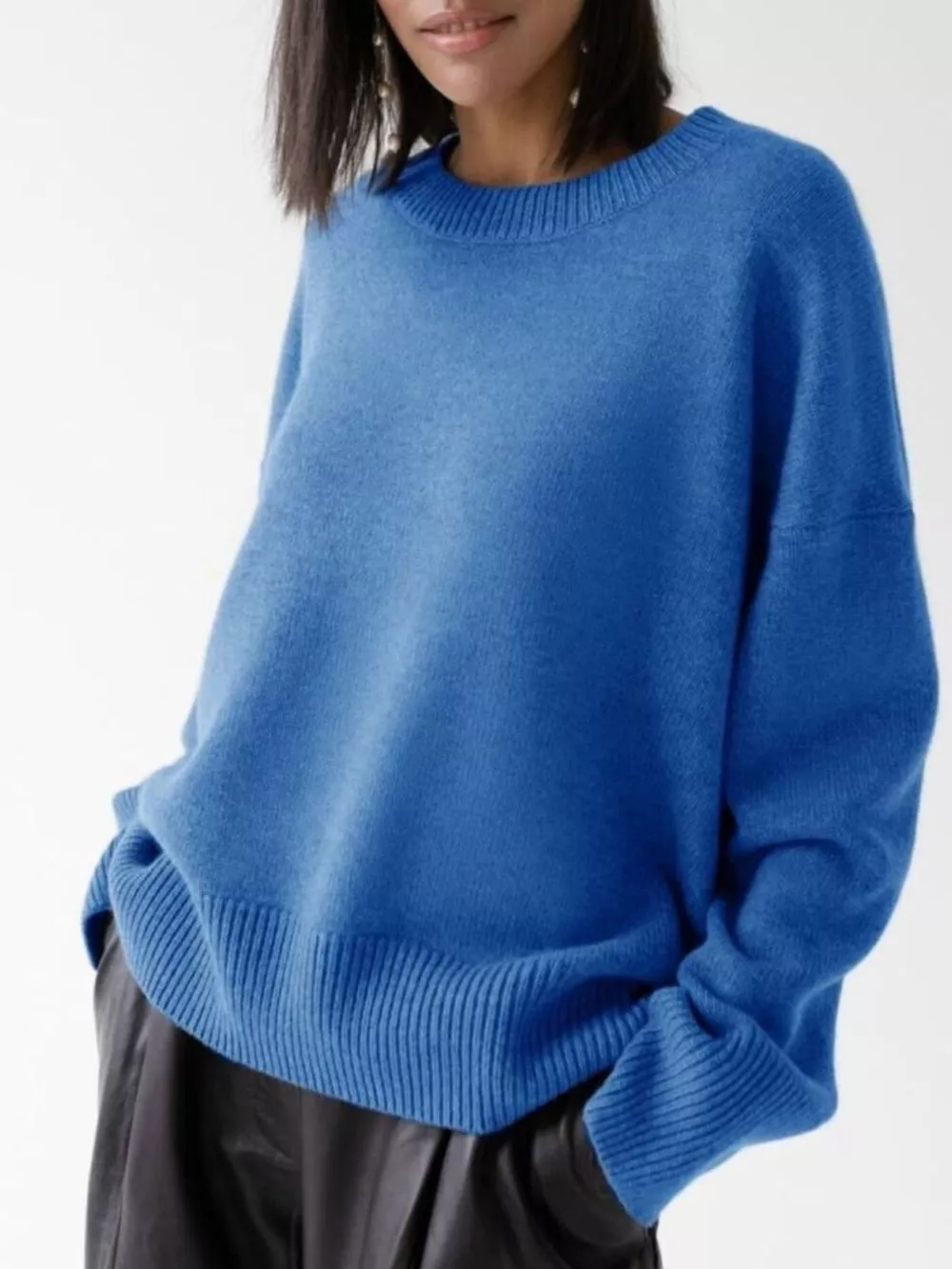 Ribbed Hem Round Neck Sweater, image 2