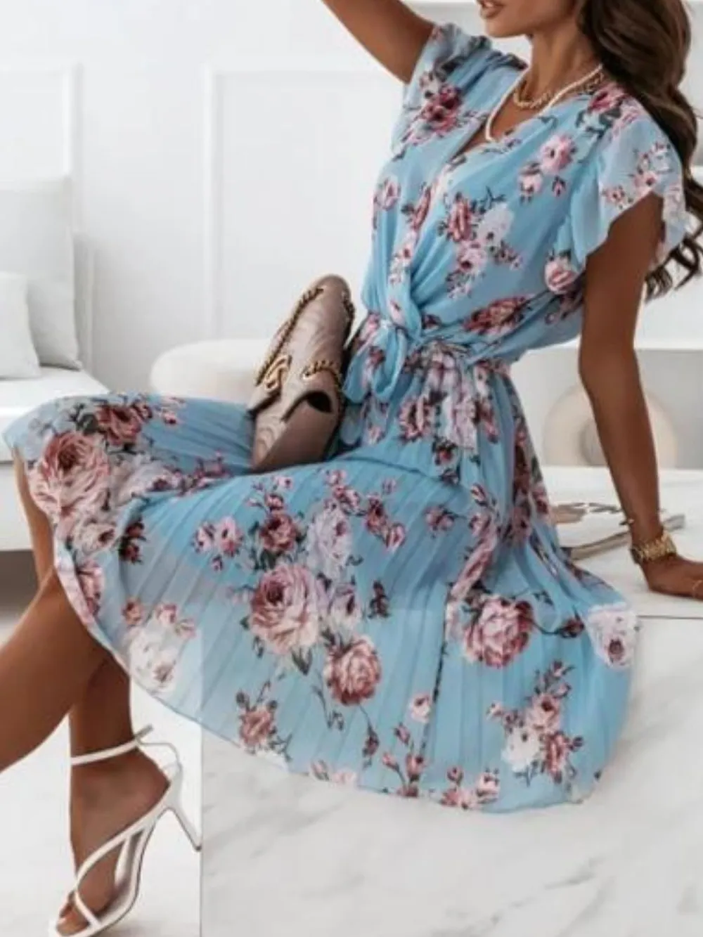 Floral Surplice Ruffled Cap Sleeve Dress, image 14