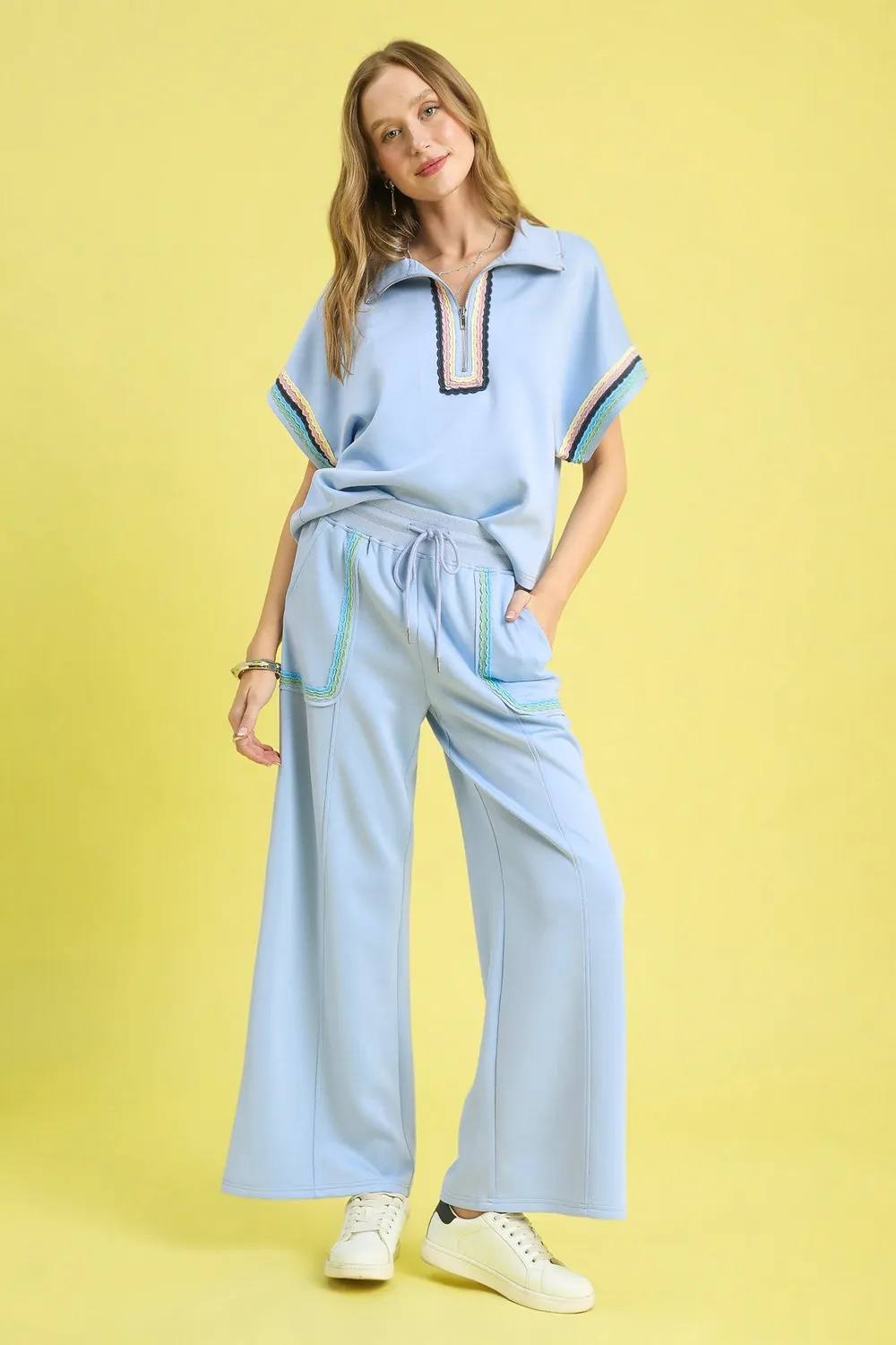 Drawstring Wide Leg Pants with Scallop Trim Detail, image 3