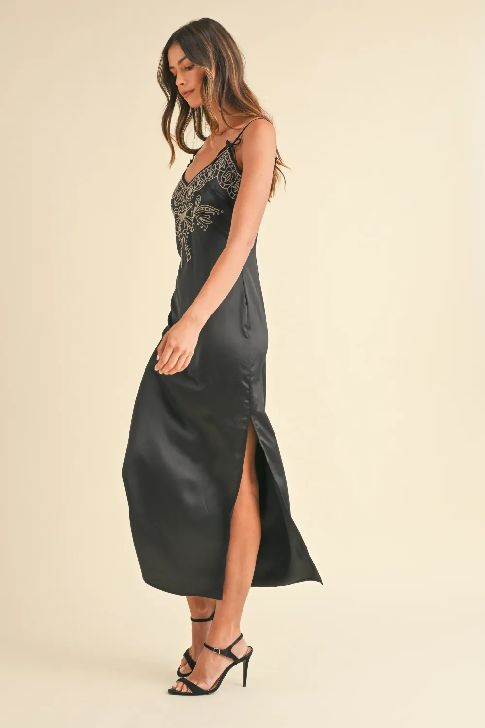 Embroidered Cami Satin Midi Slit Dress, image 3