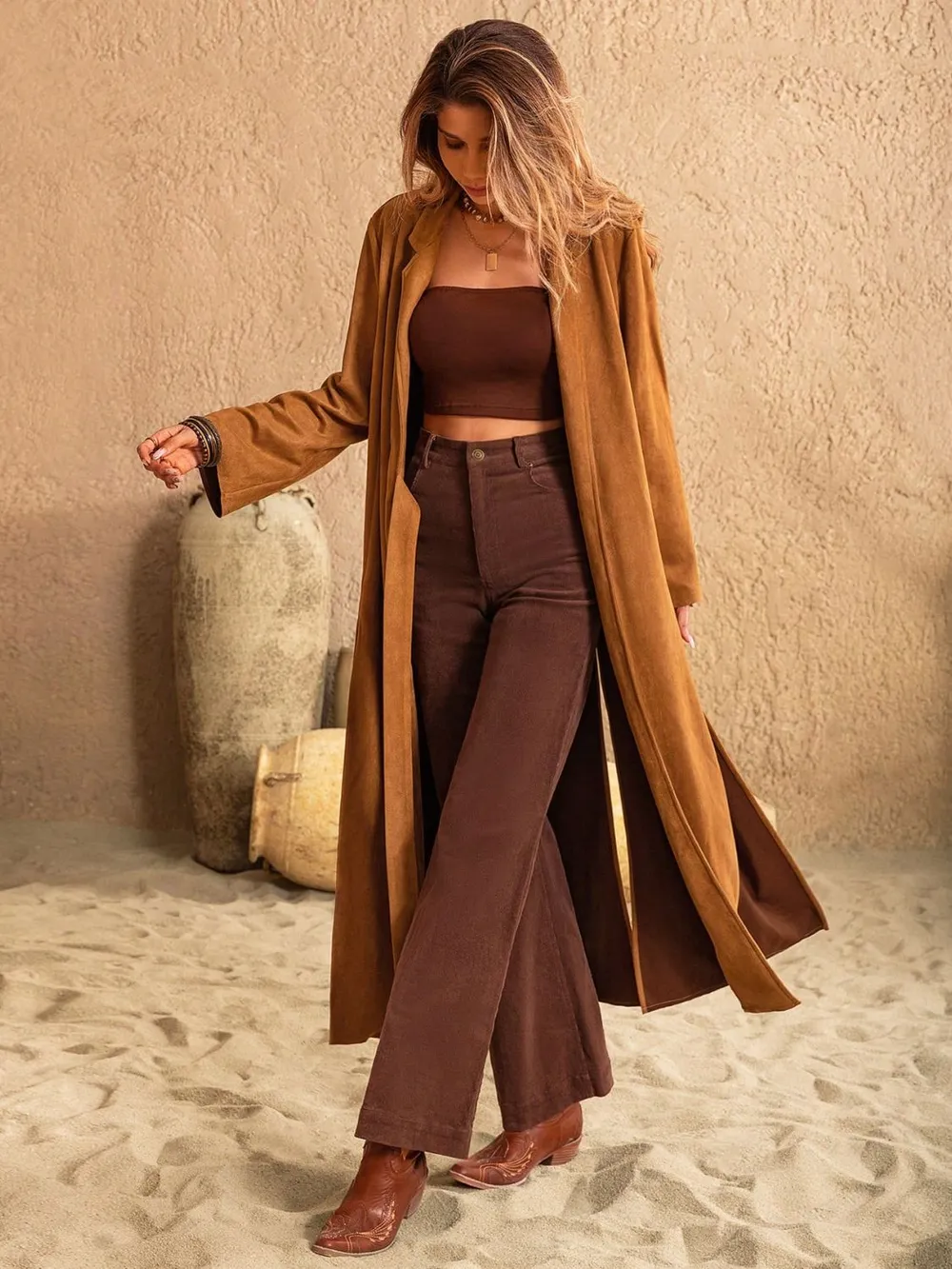 Slit Tied Collared Neck Longline Coat, image 5