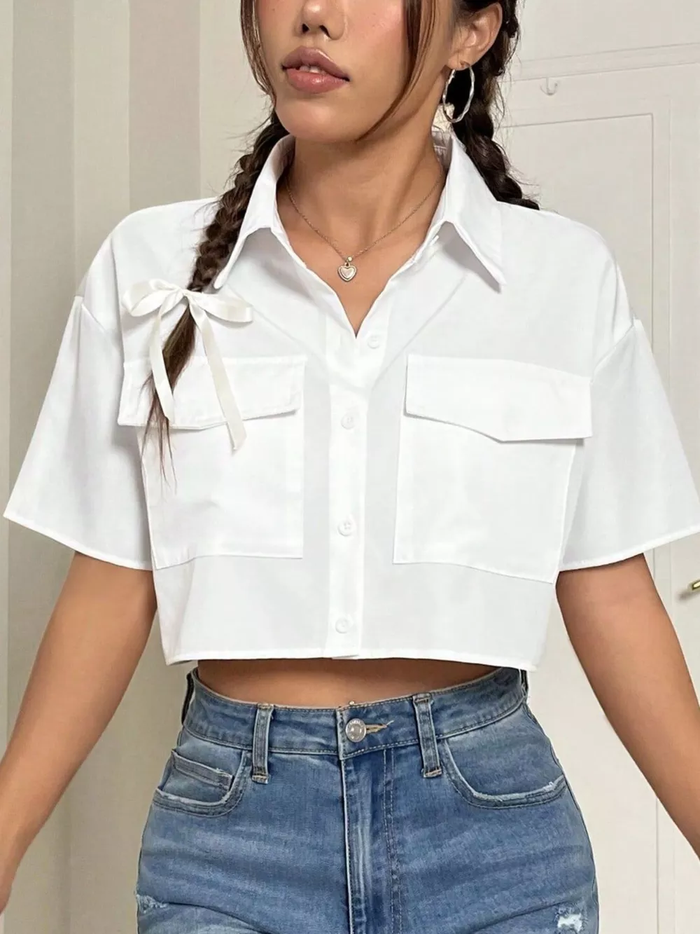 Short Sleeve Crop Shirt with Chest Pockets, image 4