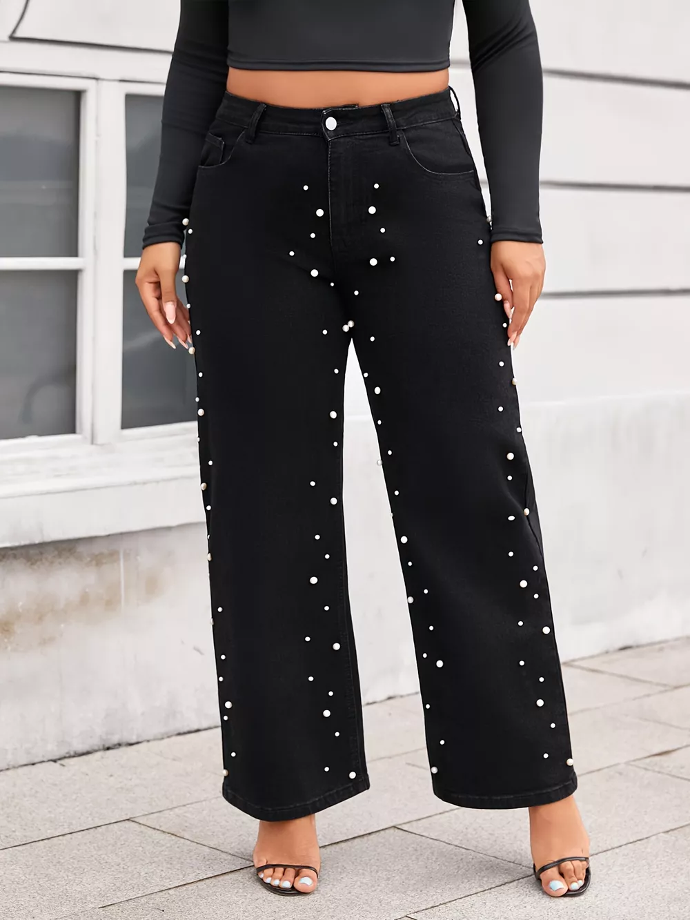 Plus Size Pearl Embellished Wide Leg Jeans, image 2