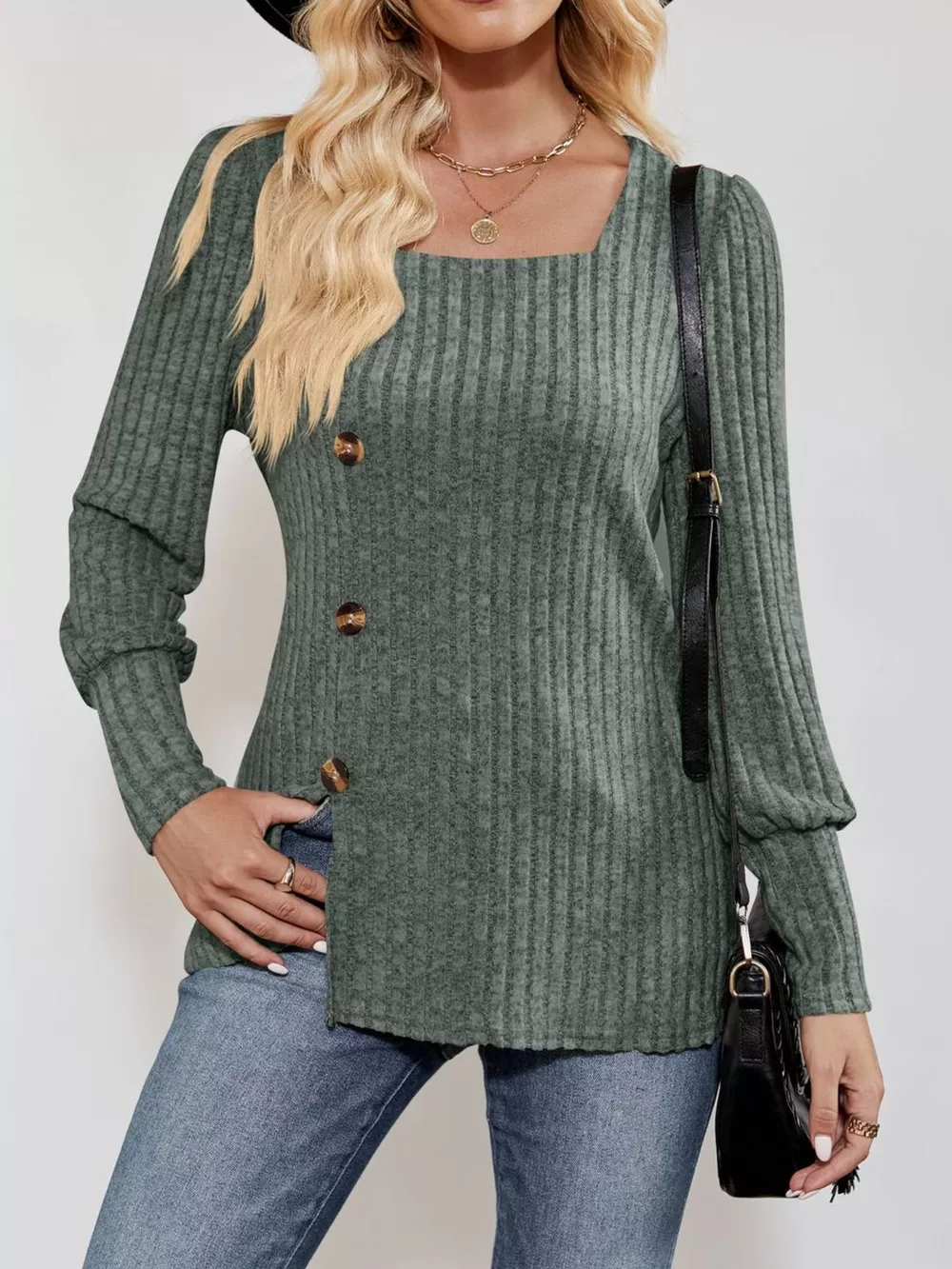Ribbed Knit Slit Long Sleeve T-Shirt, image 15