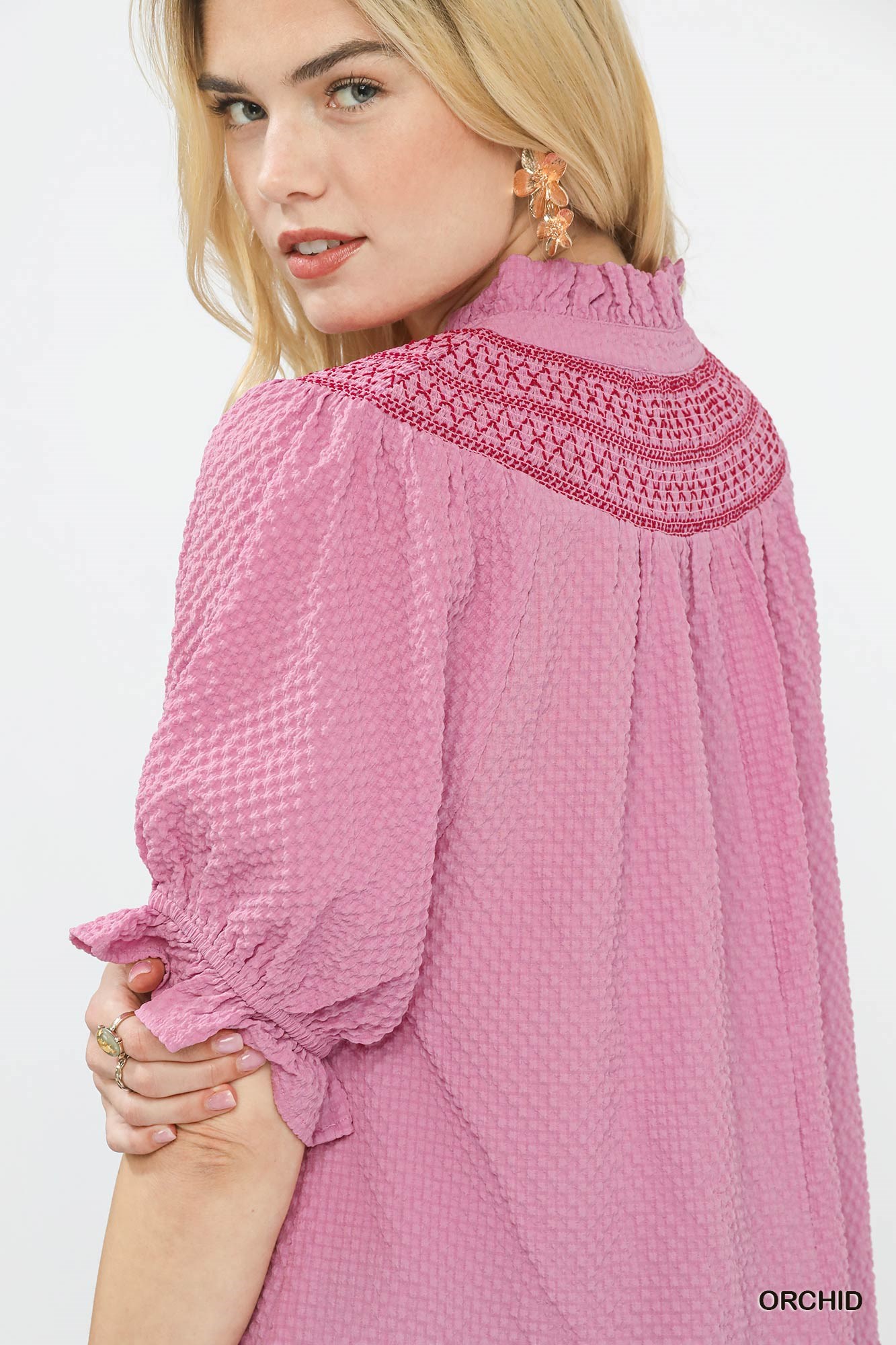 Textured Henley Blouse with Ruffle Cuffs, image 5