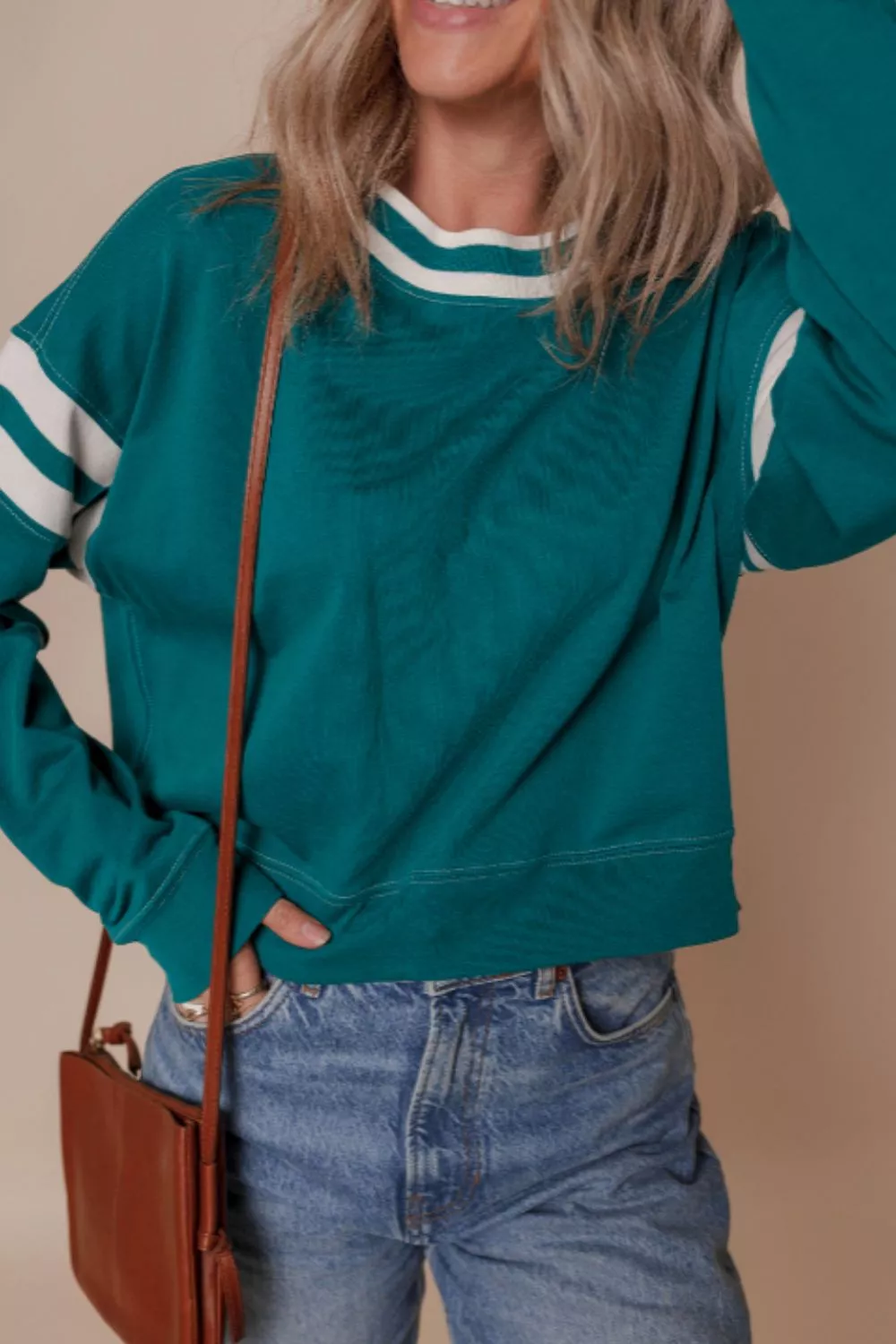 Contrast Striped Patchwork Round Neck Drop Shoulder Sweatshirt, image 5