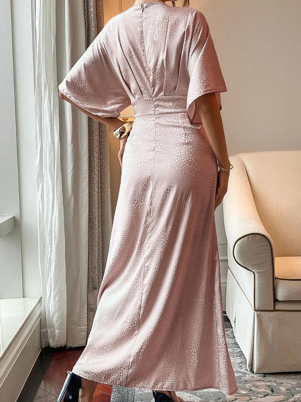 Slit Animal Print V-Neck Half Sleeve Dress, image 2