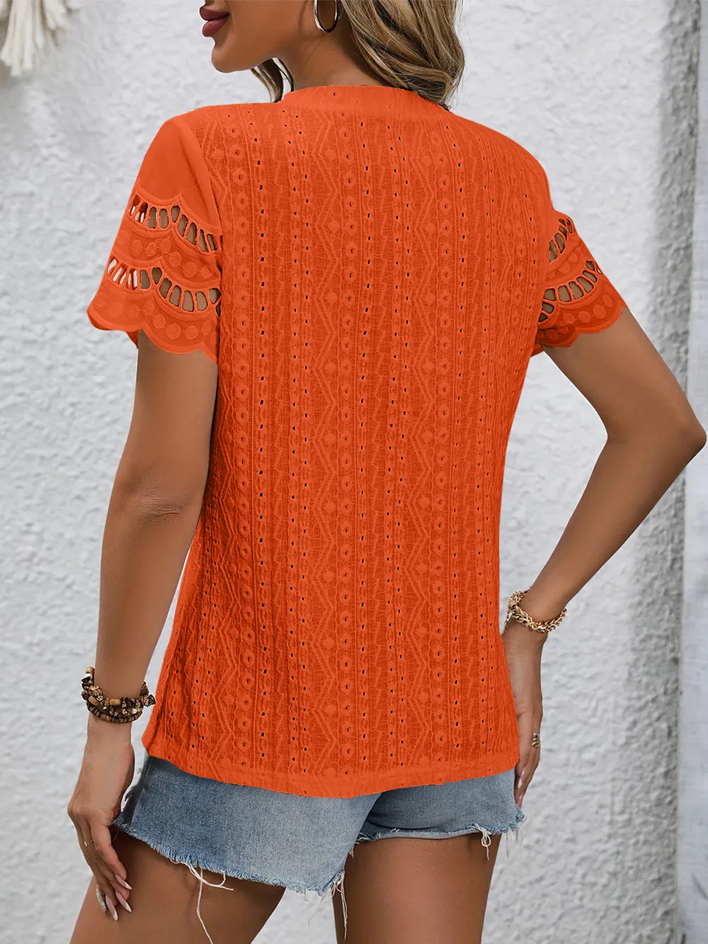 Full Size Eyelet Round Neck Short Sleeve Top, image 28