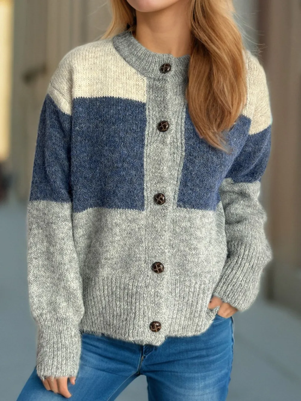 Color Block Round Neck Button Up Cardigan, image 3