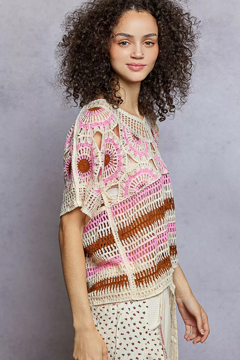 Weave Pattern Short Sleeve Crochet Top with Border Accents, image 4
