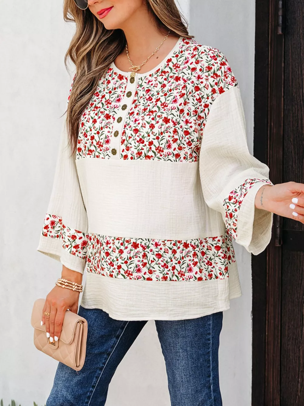 Floral Print Henley Button 3/4 Sleeve Blouse, image 8