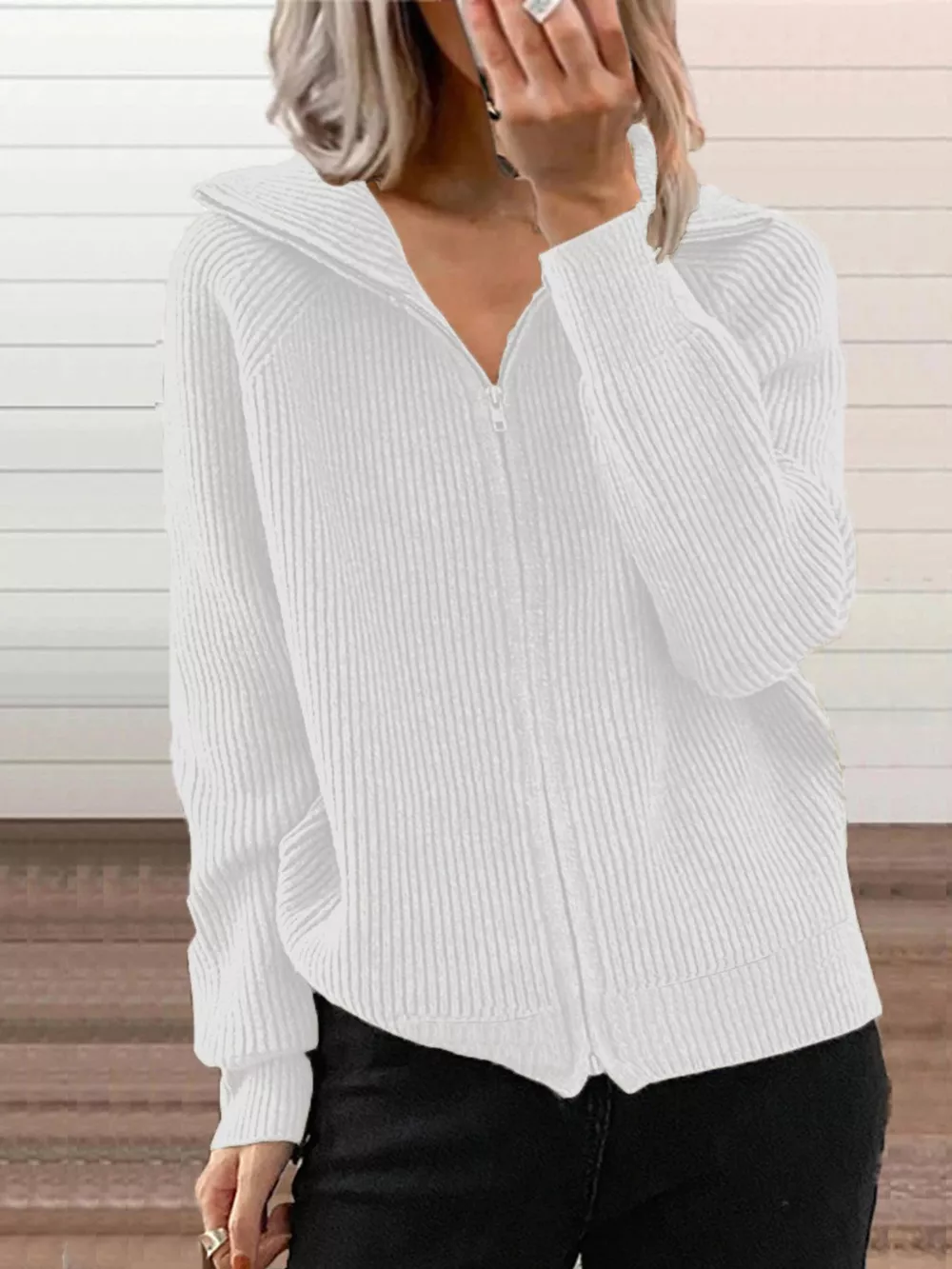 Full Size Ribbed Knit Zip-Up Outerwear Plus Size, image 15