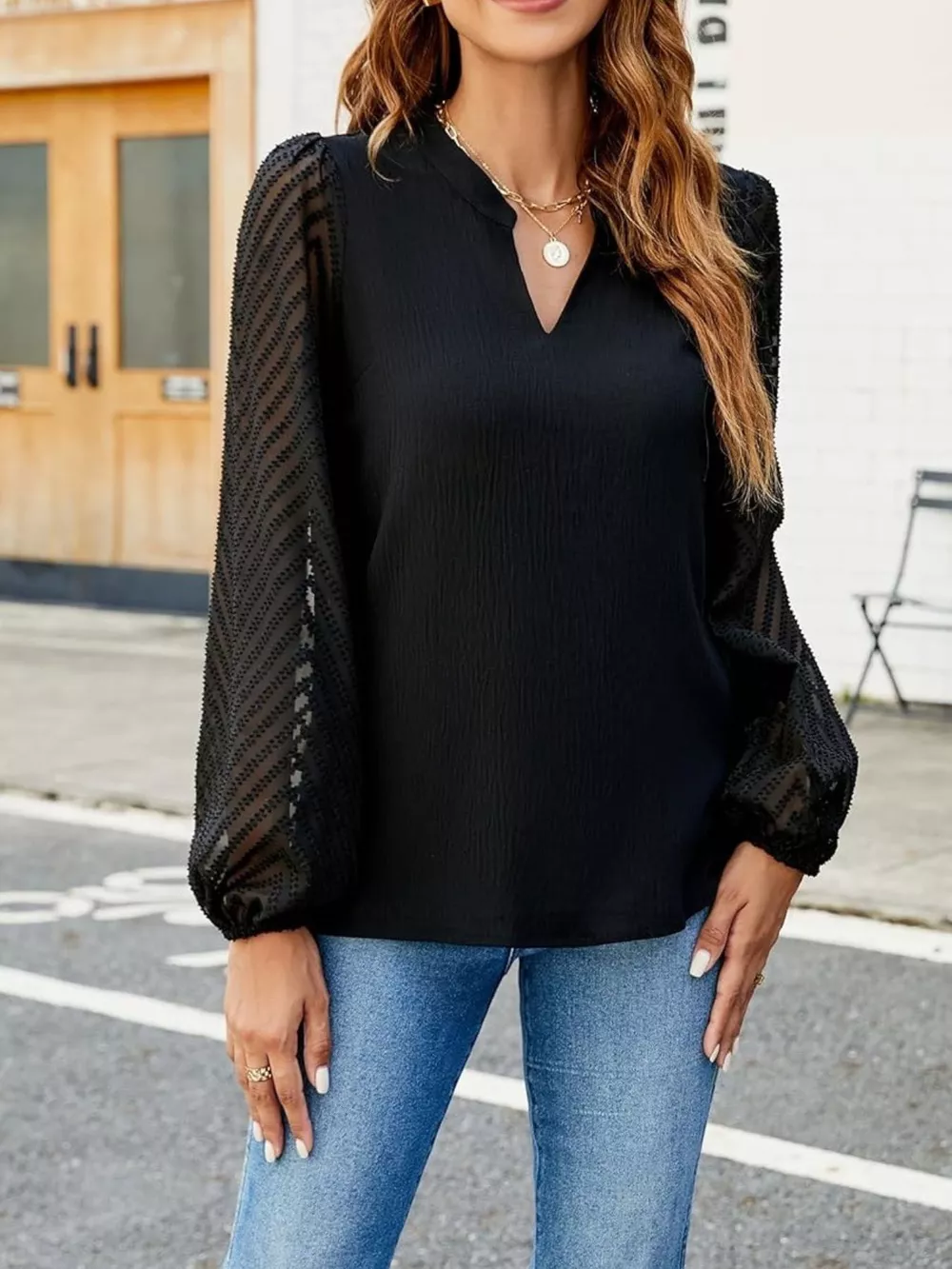 Notched Balloon Sleeve Blouse, image 16