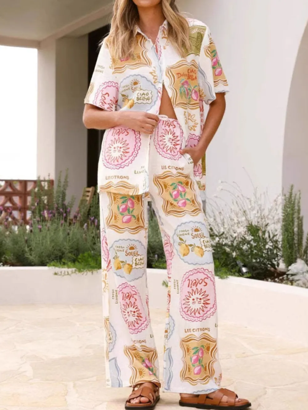 Printed Button Up Shirt and Pants Set