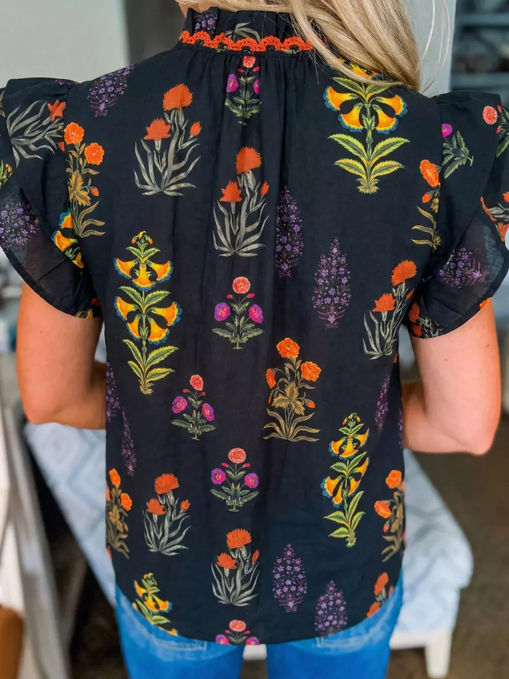 Floral Print Lace Trim Frilled V Neck Short Sleeve Shirt, image 4
