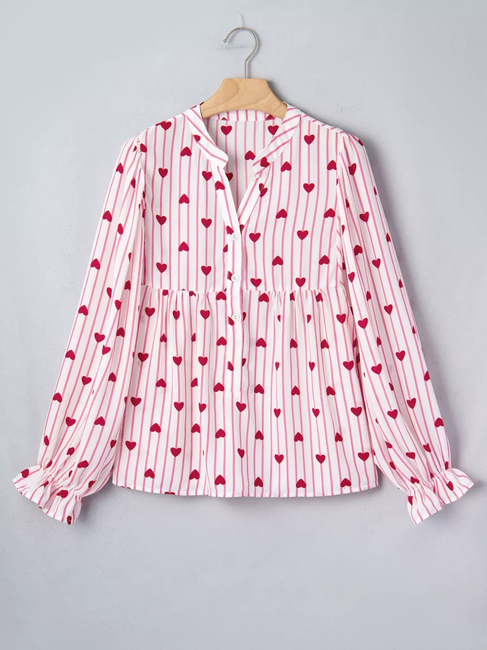 Stripe Textured Heart Print Long Flounce Sleeve Shirt, image 5