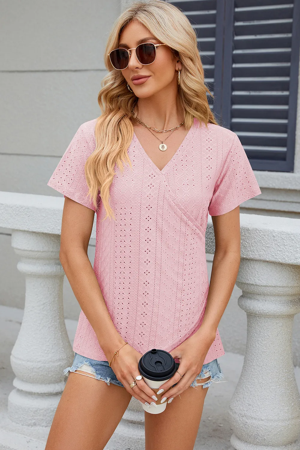 Eyelet Surplice Short Sleeve T-Shirt, image 14