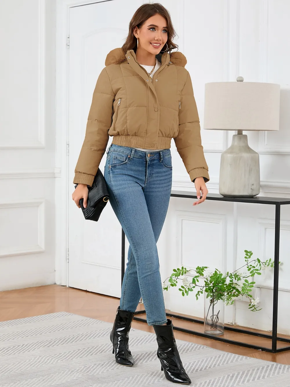 Pocketed Long Sleeve Cropped Hooded Winter Coat, image 7