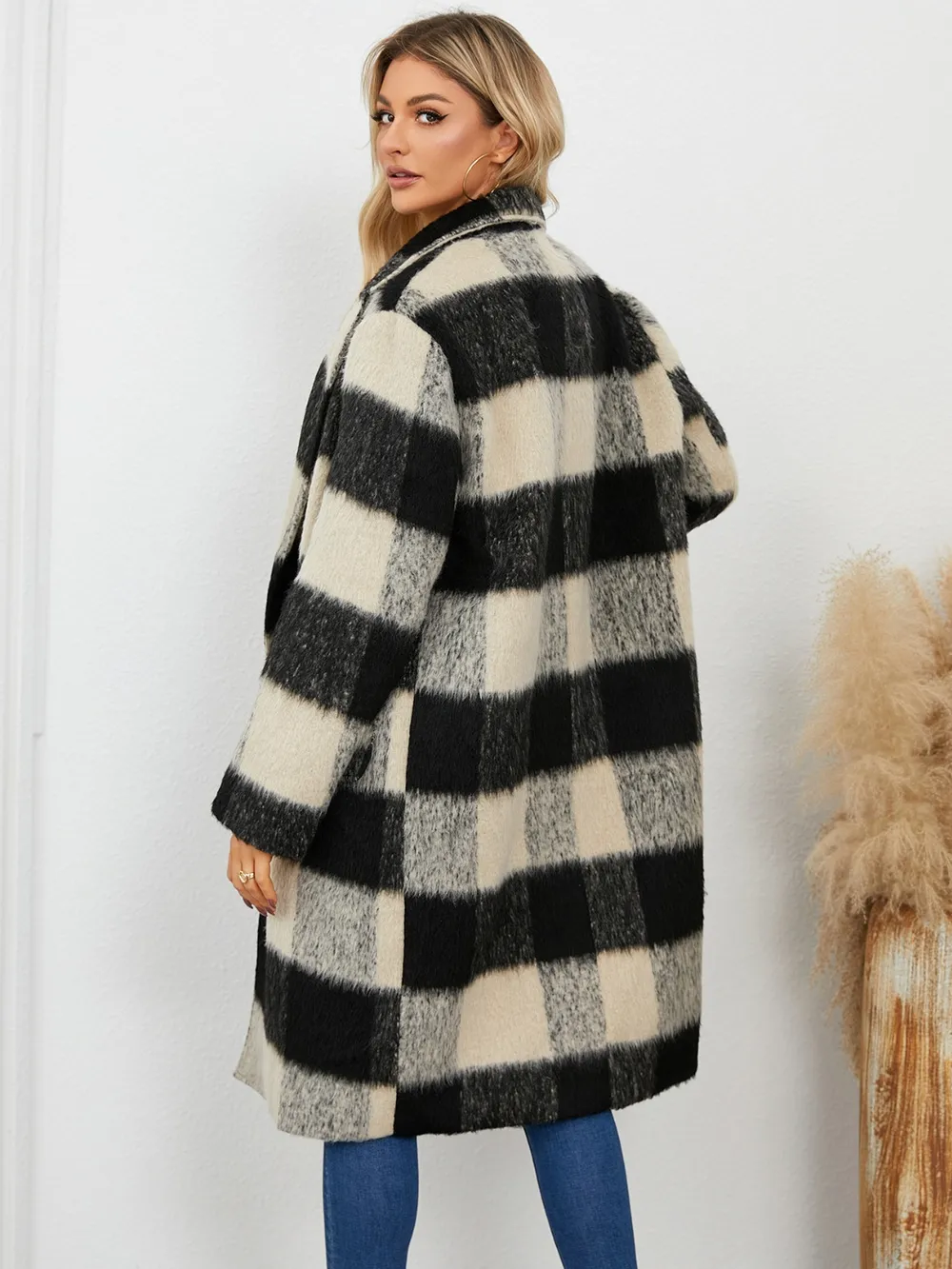 Plaid Double-Breasted Long Sleeve Coat, image 4