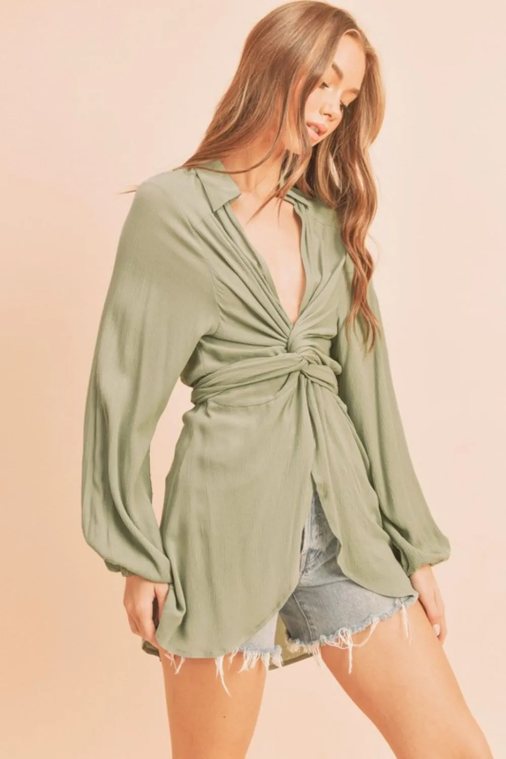 Tied Collared Neck Long Sleeve Top, image 2