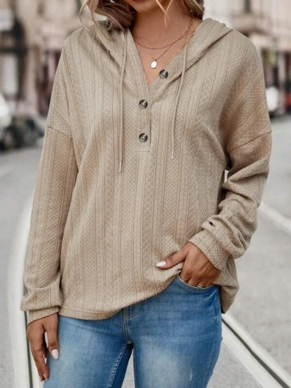 Drawstring Dropped Shoulder Long Sleeve Hoodie, image 2