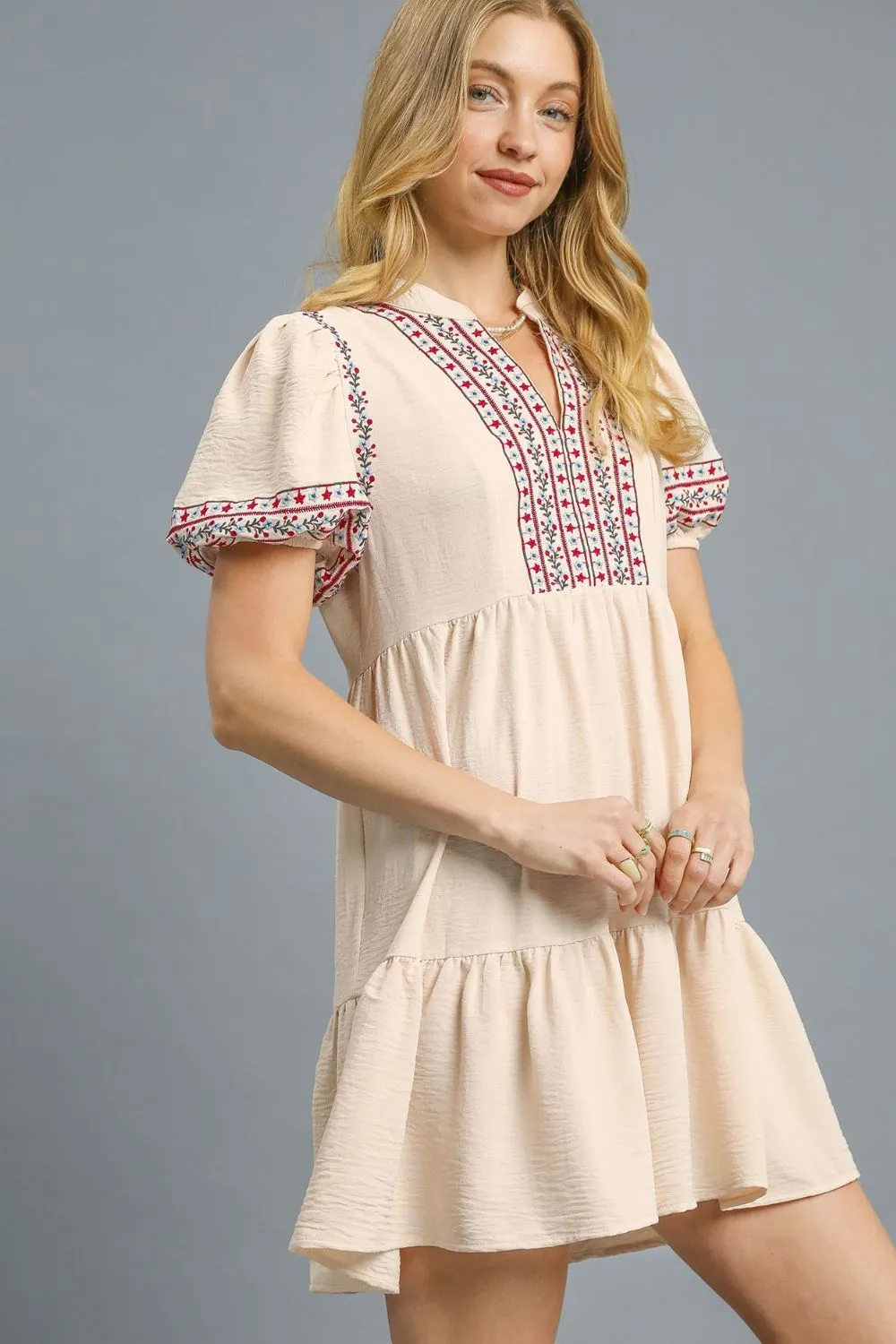 Floral Trim Puff Sleeve Mini Dress, image 2