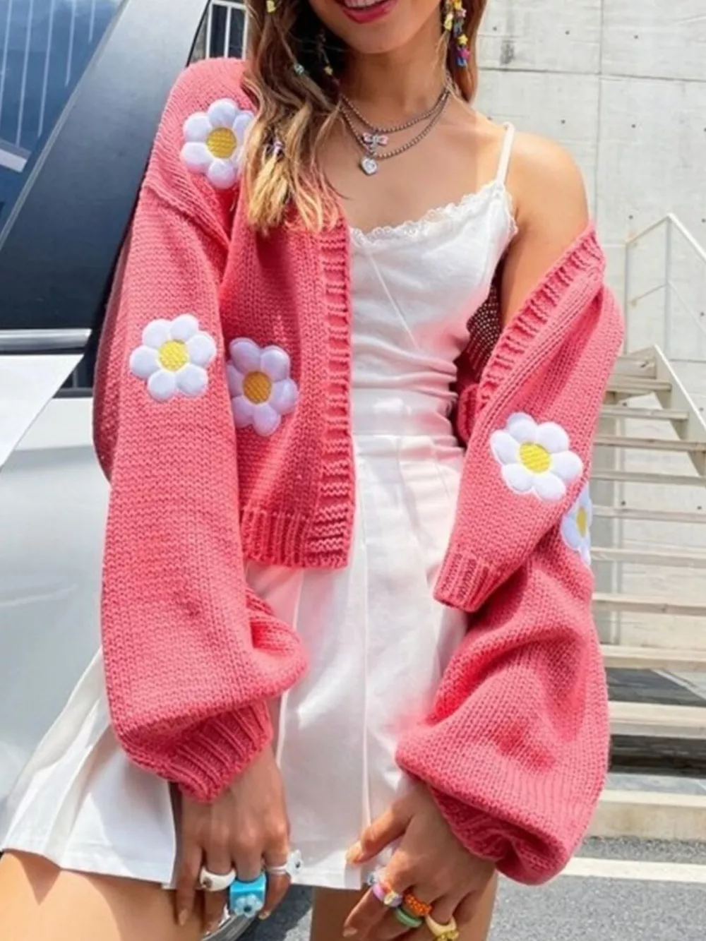 Floral Open Front Knit Cardigan, image 2