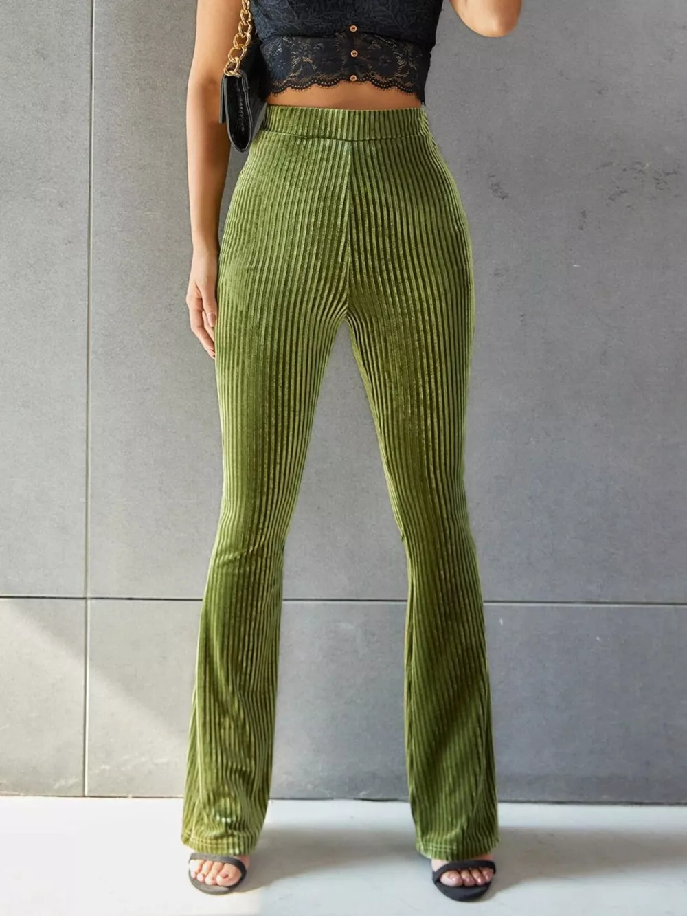 High-Waisted Ribbed Velvet Flare Pants, image 2