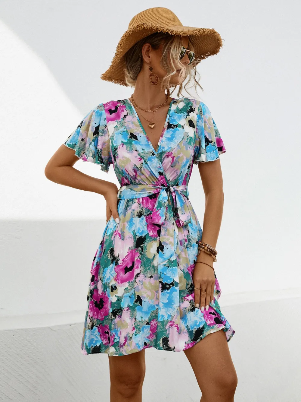Printed Surplice Tie Waist Mini Dress, image 9
