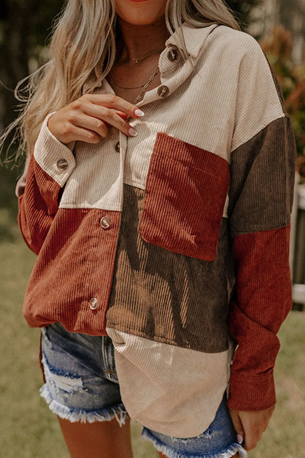 Color Block Curved Hem Corduroy Shacket with Pocket, image 9