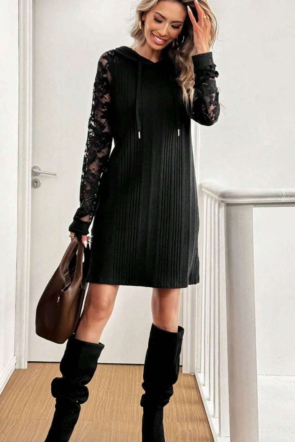 Lace Patchwork Long Sleeve Hooded Dress, image 4